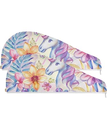 Purple Flowers Unicorn Hair Towel 2 Pack | Super Absorbent Quick Dry Hair Turbans for Women & Girls - Buy Online on GoSupps.com