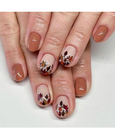 Square Fake Nails Short Press On Nails Fall False Nails With Maple Leaves Designs Brown Nails Press Ons Short Acrylic Nails Full Cover Glue On Nails Glossy Stick On Nails For Women 4