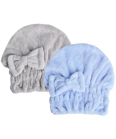 Microfiber Hair Towel Cap for Women Wet Short or Long Curly Hair Super Absorbent Quick Dry Turbans Anti Frizz Great Gift for Women and Girls (Blue+Grey 2)