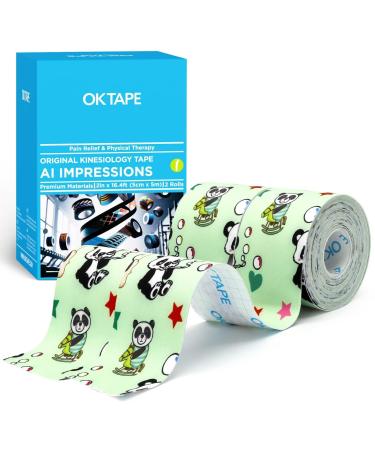 OK TAPE Nylon Digtal Printed Kinesiology Tape Elastic Sports Athletic Tape 2 Rolls 2in 16.4ft Uncut Roll-Panda 2 Rolls Panda