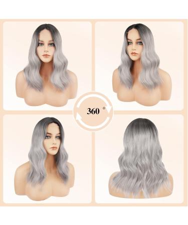 Feshfen Lace Front Wavy Women s Wig - 40 cm Natural Black to Platinum Gray Shoulder-Length Middle Parting - Buy Online on GoSupps.com