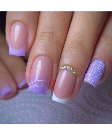 Purple Press on Nails Medium Square Fake Nails French Tip with Glitter Design Rhinestone Glue on Nails Glossy Full Cover Artificial Acrylic Stick on Nails for Women Girls Manicure 24Pcs MJ 20