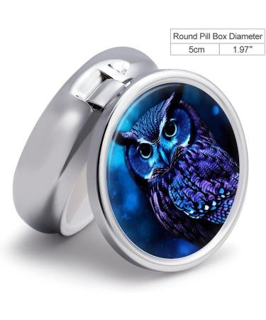 Round Blue Owl Print Pill Box - 3 Compartment Portable Medicine Organizer | Decorative Metal Pocket Pill Case - Buy Online on GoSupps.com