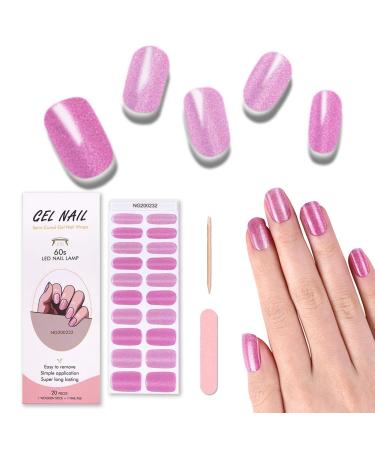Semi Cured Gel Nail Strips 20 Pcs Gel Nail Polish Wraps Sticker for Salon-Quality Manicure Set Long Lasting Easy to Apply & Remove with Nail File & Wooden Cuticle Stick(Pink purple)