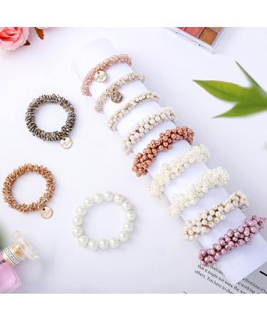 Beaded Bracelet Hair Ties - Set of 12 | Pearl & Crystal Elastic Scrunchies for Women & Girls - Buy Online on GoSupps.com