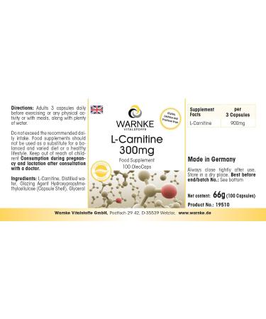 L-Carnitine 300mg - High Dose Carnipure Liquid | 100 Licaps - Premium German Pharmacy Quality | Warnke Vitalstoffe - Buy Online on GoSupps.com