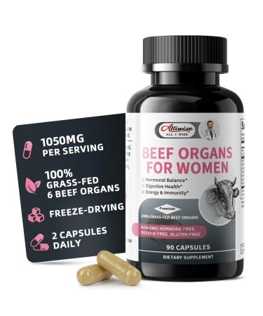 Beef Organ Supplement for Women - Supports Female Hormonal Balance, Energy & Overall Wellness, 100% Grass Fed Beef Organs Complex: Liver Uterus* Heart & 3 More, (2 Capsules Daily) 90 Count (Pack of 1)