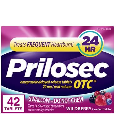 Prilosec OTC, Omeprazole Delayed Release, Acid Reducer, Treats Frequent Heartburn for 24 Hour Relief, #1 Doctor Recommended Brand, Wildberry Flavor, 42 Tablets