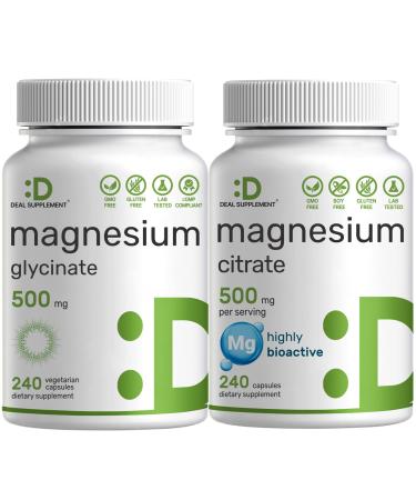 Magnesium Glycinate 500mg Veggie Capsules & Magnesium Citrate 500mg Bundle Easily Absorbed Chelated Mineral Highly Purified Elemental Form