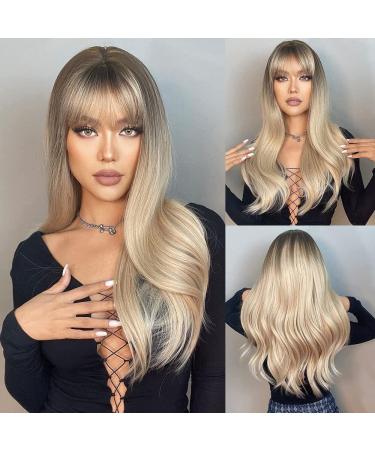 HAIRCUBE Long Wave Blonde Wig with Bangs,Ombre Blonde Wigs for Women Heat Resistant Fiber Synthetic Wigs for Daily Use ash blonde