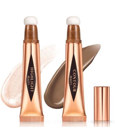 HOSAILY 2Pcs Contour Beauty Wand  Liquid Contour and Highlighter Stick with Cushion Applicator  Long Lasting Smooth Blendable Cream Contour Stick Liquid Bronzer Stick Face Illuminator Makeup (03+05)