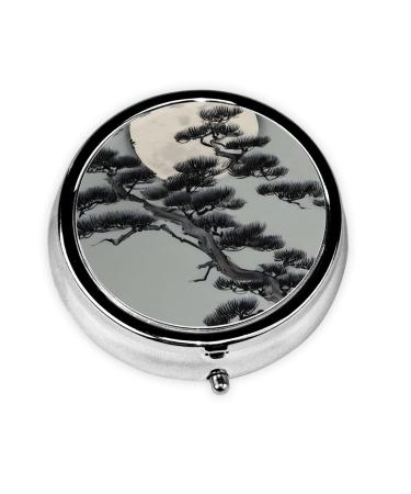 Pine Tree Under The Moonround Pill Box 3 Compartments Round Pill Box Organizer for Purse Or Pocket Portable Travel Pill Box