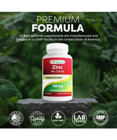 Best Naturals Zinc 100 mg with Vitamin C & D3 180 Tablets Gluten Free and Non-GMO - Buy Online on GoSupps.com