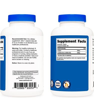 Nutricost L-Arginine L-Ornithine 750mg 180 Capsules - 180 Count - Buy Online on GoSupps.com