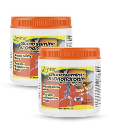 Arymar Glucosamine 1500 mg + Chondroitin 1200 mg + Hydrolyzed Collagen Powder. Orange Flavor Joint Support Formula for Active Adults 10.5 oz 2 Pack