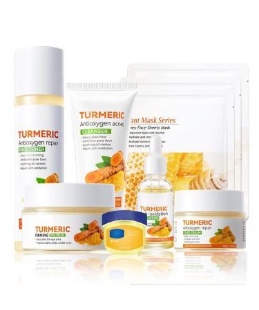 9 Pcs Turmeric Skincare Set with Moisturizing Facial Cleanser Toner Face Serum Facial Cream Eye Cream Travel Size Lip Balm and 3 Hydrating Face Sheet Masks Skin Care Set