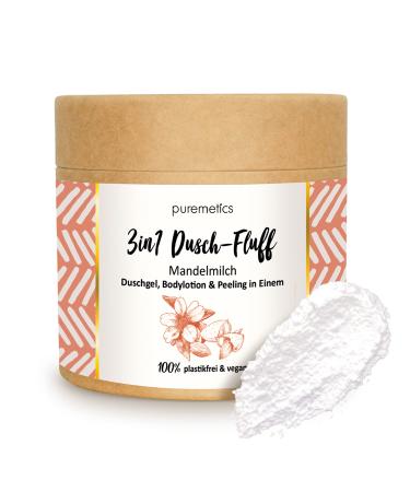 puremetics 3in1 shower fluff almond milk with sugar peeling 250g shower gel peeling and lotion in one vegan and plastic-free