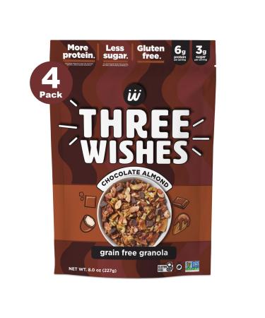 Three Wishes Muesli amande au chocolat (lot de 4) C r ales sans gluten 6 g de prot ines et 3 g de sucre pour petit-d jeuner et collation sains emporter v g talien casher et sans c r ales Amande au chocolat 8 g (Lot de 4)