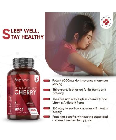 Montmorency Cherry Capsules 6000mg - 180 Count - Natural Tart Cherry Extract Supplement - Vegan & Gluten Free - Non-GMO - UK Made - Buy Online on GoSupps.com