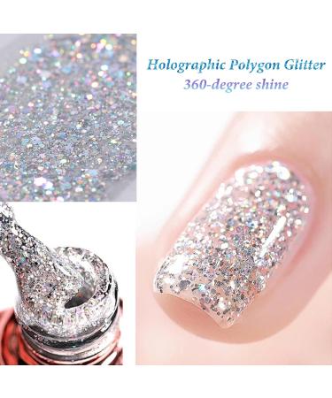 Glitter Gel Nail Polish Silvery Holographic Soak Off UV Gel Nail Varnish Metallic Sparkly Long Lasting Chip-resistant Birthday Gift for Women Diamond Shiny Finish Gel Polish 15ml - Buy Online on GoSupps.com
