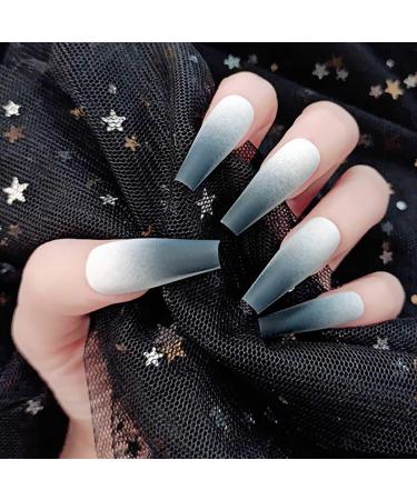 Sethexy Matt Ballerina false nail long coffin gradient finger fingernails 24st acrylic you press on art nail tips for women and girls (matt black)