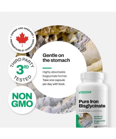 Vitasave Iron Bisglycinate High Absorption Iron Supplement for Energy, Anemia & Immune Support Gentle on Stomach Vegan, Non-GMO, Gluten-Free 120 Capsules (Made in Canada) - Buy Online on GoSupps.com