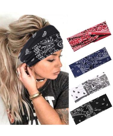 Urieo Boho Headbands Stretch Paisley Print Bandana Headband Criss Cross Hair Bands Knotted Head Wrap Yoga Daily for Women and Girls (Pack of 4) (A)