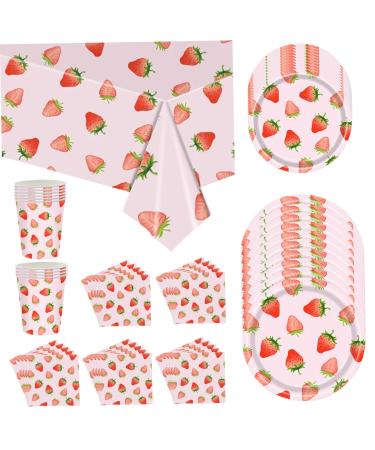 Strawberry Baby Shower Decorations 56Pcs/Set Disposable Dinnerware Set Serves 10 Guests Tablecloth Strawberry Paper Plates Cups & Napkins Strawberry Party Supplies Inodoor Outdoor