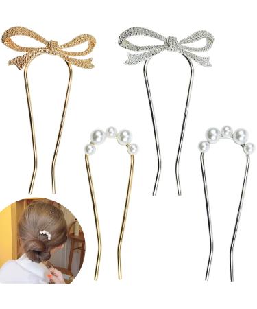 4 PACK Pearl Rhinestone U Shape Hair Fork Sticks Updo Hair Bun Chignon Wedding Hair Pins Hair Styling Tool Bridal Hair Accessories for Women and Girls Pearl Bow-knot - Buy Online on GoSupps.com