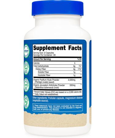 Nutricost Fiber Capsules with Prebiotic Fiber Supplement 150 Capsules - CCOF Certified Supplement Made with Organic Psyllium Husk & Organic Jerusalem Artichoke Gluten Free 3 G Per Serving 150 Count (Pack of 1) - Buy Online on GoSupps.com