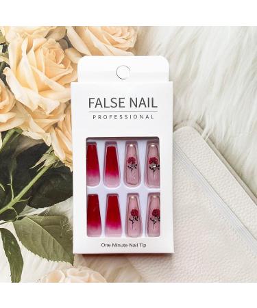 Long Coffin Red Press on Nails with Rhinestone Rose Design - Full Cover Stick on False Nails for Women - Cute Flower Artificial Nails for Valentines Day Manicure - Buy Online on GoSupps.com