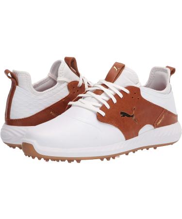 PUMA Men's Ignite Pwradapt Caged Crafted Golf Shoe 11.5 - White Leather/Brown/Gold - Buy Online on GoSupps.com
