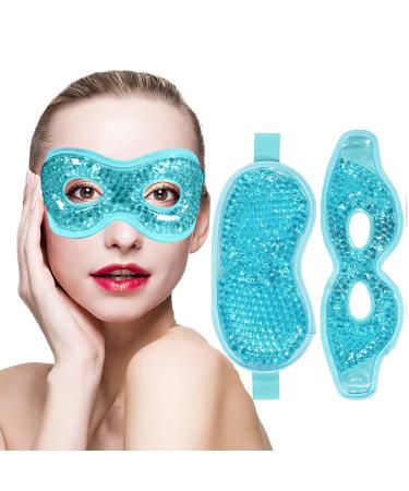 Permotary 2PCS Ice Gel Eye Mask Hot Cold Therapy Cooling Gel Beads Eye Mask Reusable Hot Cold Compress Ice Eye Pack for Puffiness/Dark Circles/Eye Bags/Dry Eyes/Headaches/Migraines/Stress Relief Blue-full&hole