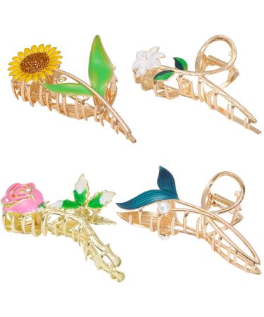 4pcs Flower Metal Hair Claw Clips Flower Hair Barrettes Nonslip Hair Clips Metal Hair Accessories for women Cute Hair Clips Tulip Rose Sunflower Floral Fish Tail Hair Clip for Thick Curly Clips
