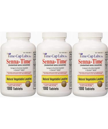 Senna-Time Generic for Senokot Natural Vegetable Laxative Senna 8.6 Mg 1000 Tablets per Bottle Pack of 3 Bottles