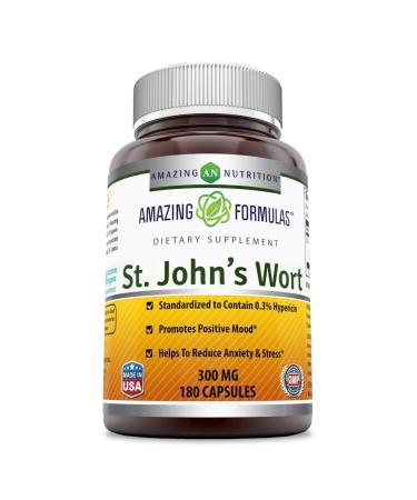 Amazing Nutrition St. Johns Wort 300mg (Hypericum Perforatum) Extract in Every Capsules * Standardized to Contain 0.3% Hypericin - 180 Capsules (Non GMO,Gluten Free)