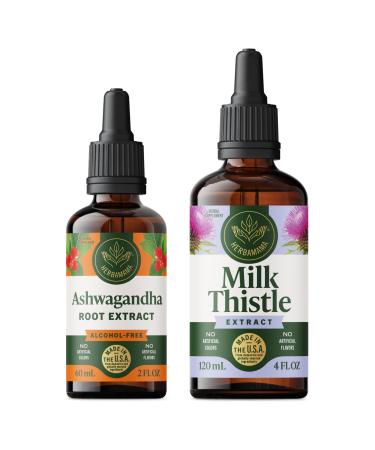 HERBAMAMA Herbal Liquid Drops Kit - Bundle of Ashwagandha Root Tincture 2 fl oz & Milk Thistle Extract 4 fl oz - Vegan Non-GMO Sugar & Alcohol-Free - 2 Pack