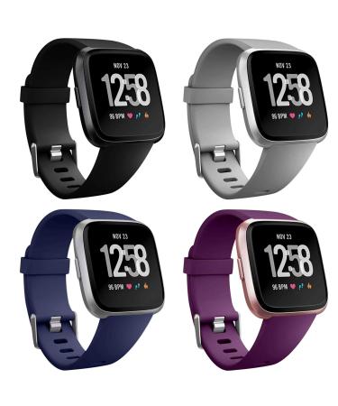 Neitooh 4 Packs Bands Compatible with Fitbit Versa/Versa 2/Fitbit Versa Lite for Women and Men, Classic Soft Silicone Sport Strap Replacement Wristband for Fitbit Versa Smart Watch Large Black/Gray/Rock blue/Purple