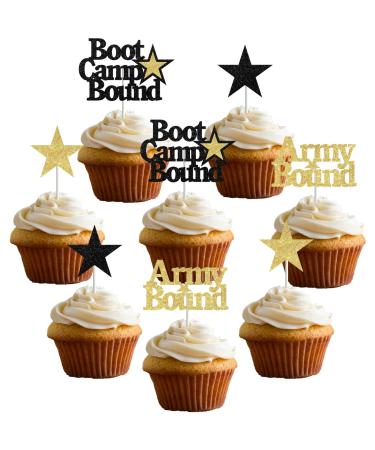 kreat4joy 24pcs Military Themed Cupcake Toppers Glitter US Army Boot Camp Bound Cupcake Toppers for Welcome Ceremony Army Birthday Party Black Gold
