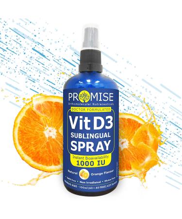 Promise Vitamin D3 Sublingual Spray Family Size 100 ML- 625 SpraysMax Strength 1000 Iu Instant Absorption for Strong Bones Healthy Heart and Immunity Boost. Natural Orange Made in Canada