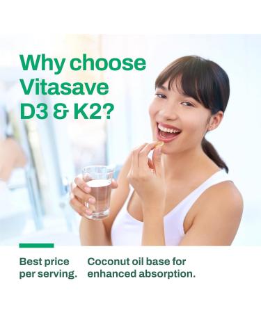Vitasave Vitamin D3 & K2 Softgels - High Potency 1000 IU D3 & 120 mcg K2 (240 Softgels) 240 count (Pack of 1) - Buy Online on GoSupps.com
