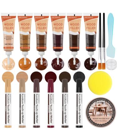 Wood Furniture Repair Kit Walnut Wood Fillers 6 Colors Furniture Markers Touch Up with Wood Polish Wax Floor Scratch Repair Kit for Stains Cracks Laminate Cabinet Tables Oak Walnut 6 Walnut Color