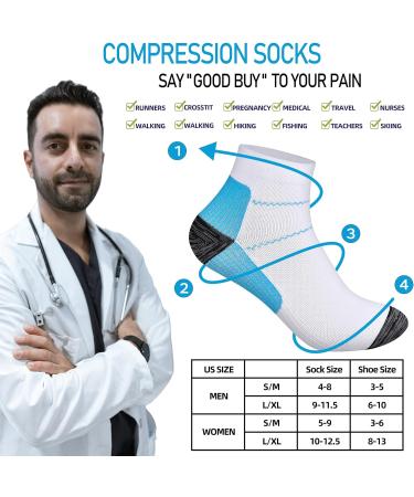 Compression Socks for Plantar Fasciitis - 6/7 Pairs, Men & Women, Low Cut Athletic Socks with Arch Support, L-XL Black/Blue - Buy Online on GoSupps.com
