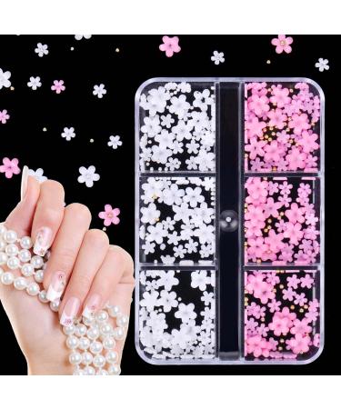3D Flowers Nail Art Charms White Pink Acrylic Nail Charms Pearls Rhinestones Spring Blossom Gems Round Beads Nail Accessories for Women Girls DIY Nail Designs Decorations Supplies