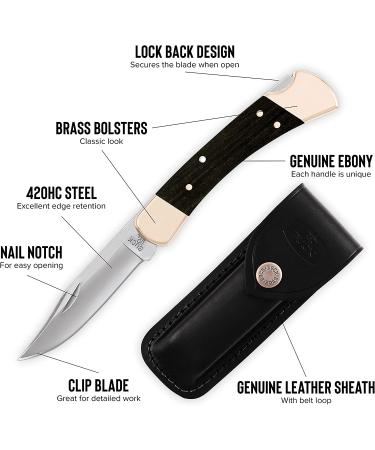 Buck Knives 110 Folding Hunter Knife with Brass Bolsters and Ebony Handles | 3-3/4 420HC Blade | Includes Leather Sheath - Buy Online on GoSupps.com