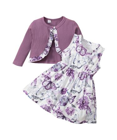 puseky Toddler Baby Girls Dress and Cardigan Set Baby Girl Floral Print Sleeveless Dress and Coat 2Pcs Outfits Set 18-24 Months Purple