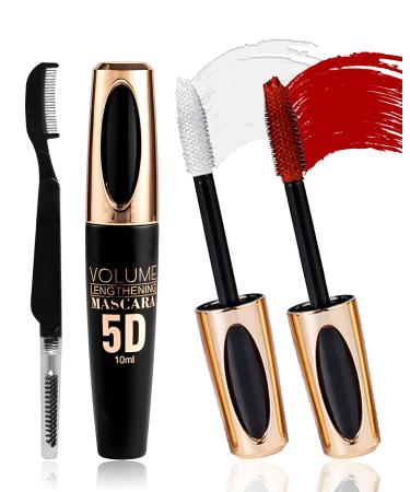 Red White Tubing Colored Mascara-2PCS Waterproof 5D Thick Fiber Lash Mascara Smudge-proof Long Lasting Liquid Mascara Volume and Length Volumizing Cat Eye Mascara Makeup for Women Party Stage Use White+red