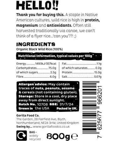 Gorilla Food Co. Organic Black Wild Rice - 800g | Premium Quality, Non-GMO - Buy Online on GoSupps.com