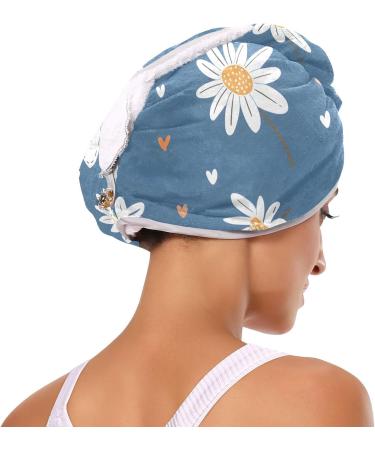 White Daisy Flower Blue Hair Towel 2 Pack | Super Absorbent Quick Dry Hair Turbans for Women & Girls - Buy Online on GoSupps.com