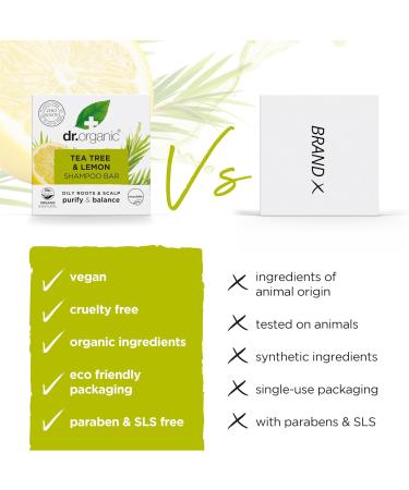 Dr Organic Tea Tree & Lemon Shampoo Bar Purifying Oily Roots & Scalp NEW Plastic Free Natural Vegan Cruelty Free Paraben & SLS Free Organic 75g - Buy Online on GoSupps.com